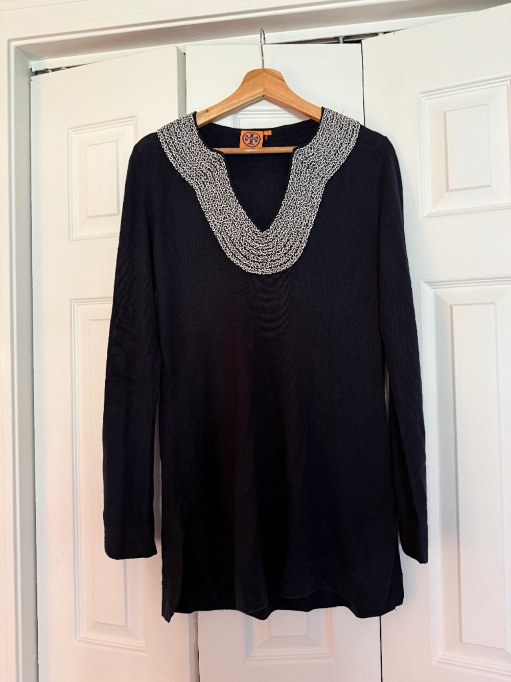 Tory Burch Black Tunic Top with Textured Metallic Neckline